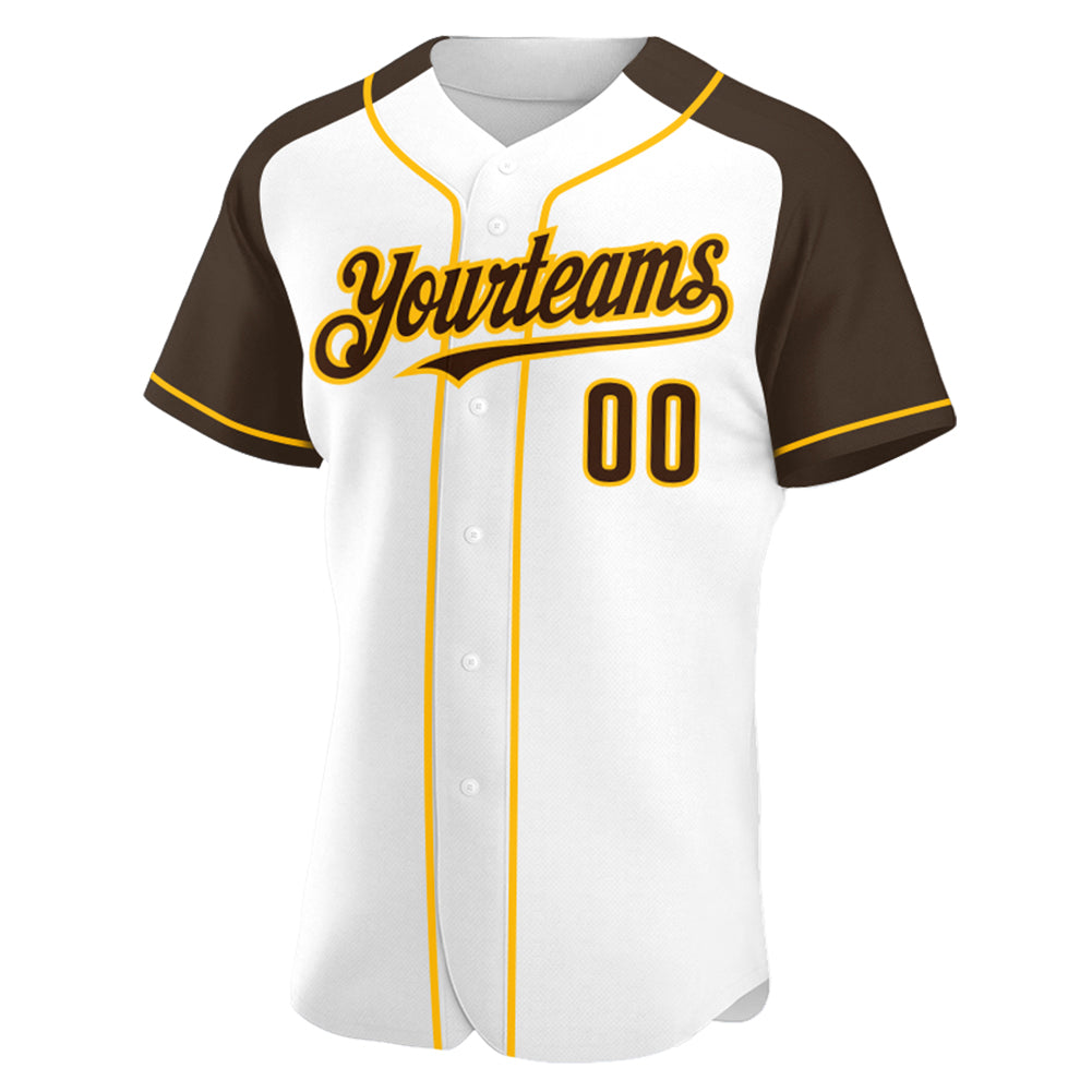 Custom White Brown-Gold Authentic Raglan Sleeves Baseball Jersey view 2