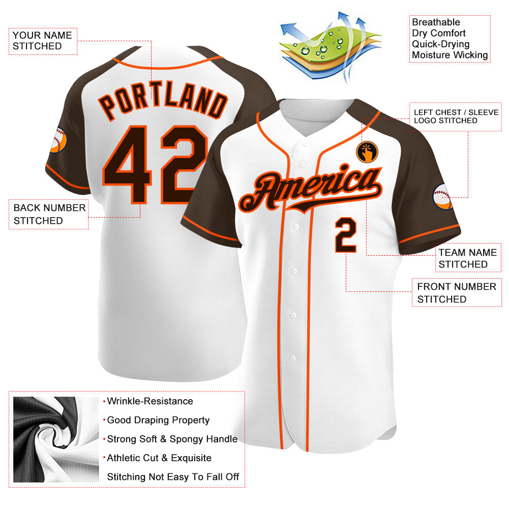 Custom White Brown-Orange Authentic Raglan Sleeves Baseball Jersey view 3