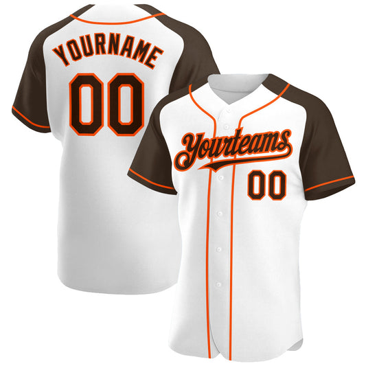 Custom White Brown-Orange Authentic Raglan Sleeves Baseball Jersey - Main View
