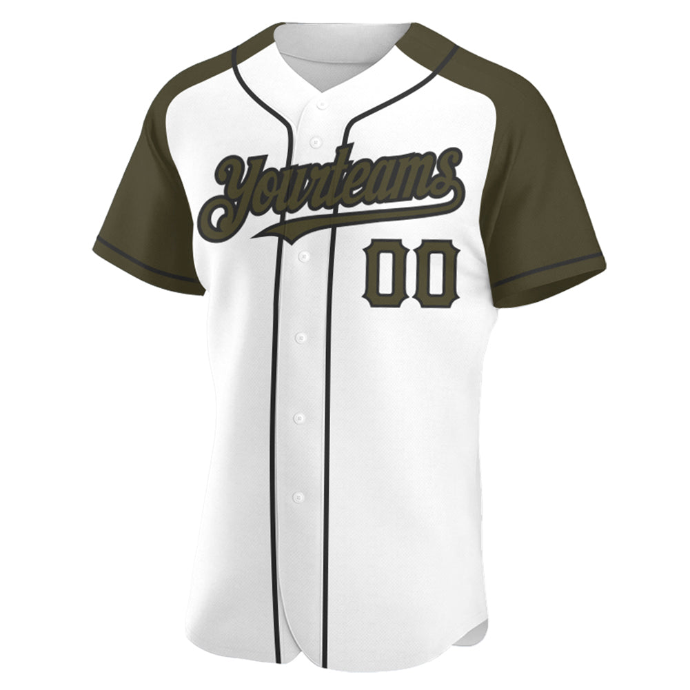 Custom White Olive-Black Authentic Raglan Sleeves Baseball Jersey view 2