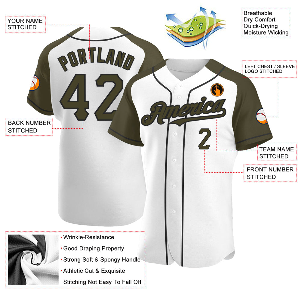 Custom White Olive-Black Authentic Raglan Sleeves Baseball Jersey view 3