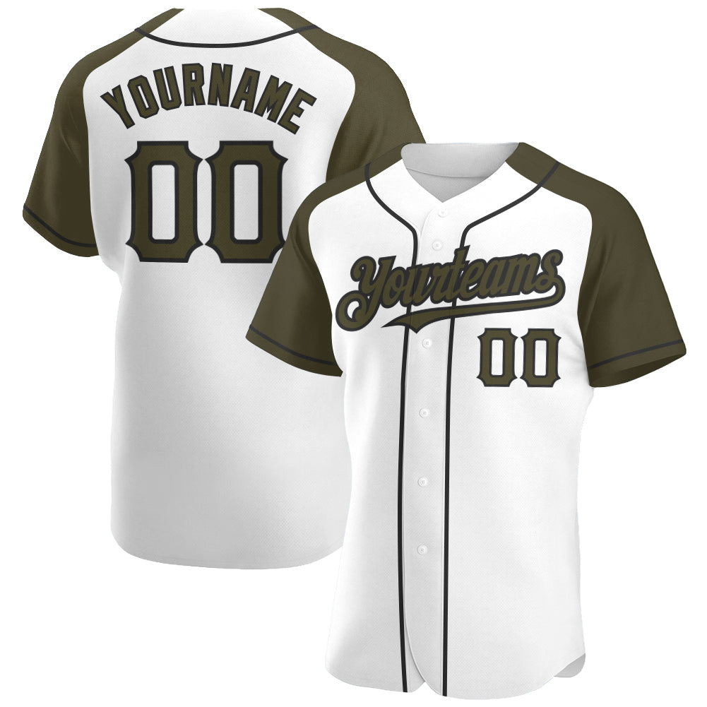 Custom White Olive-Black Authentic Raglan Sleeves Baseball Jersey - Main View