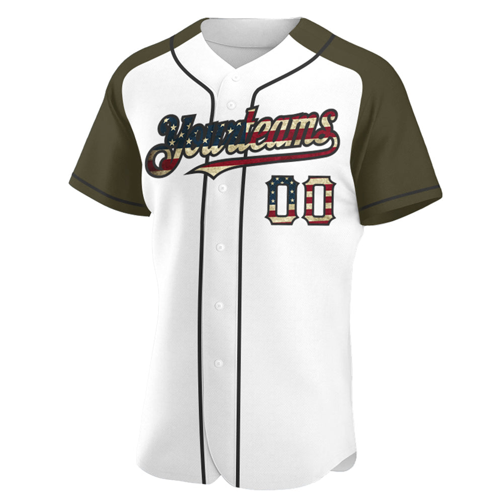 Custom White Vintage USA Flag-Black Authentic Raglan Sleeves Baseball Jersey view 2