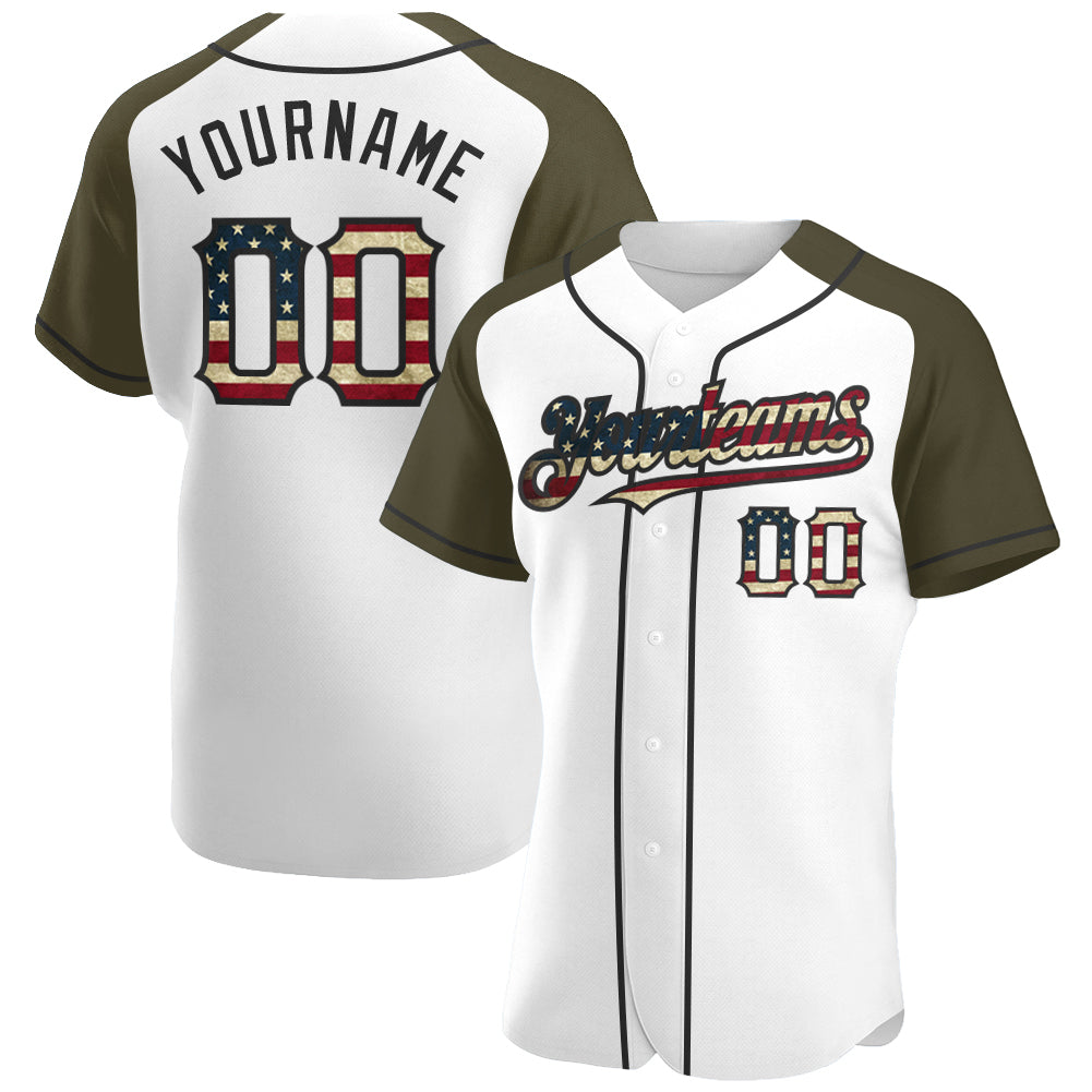 Custom White Vintage USA Flag-Black Authentic Raglan Sleeves Baseball Jersey - Main View