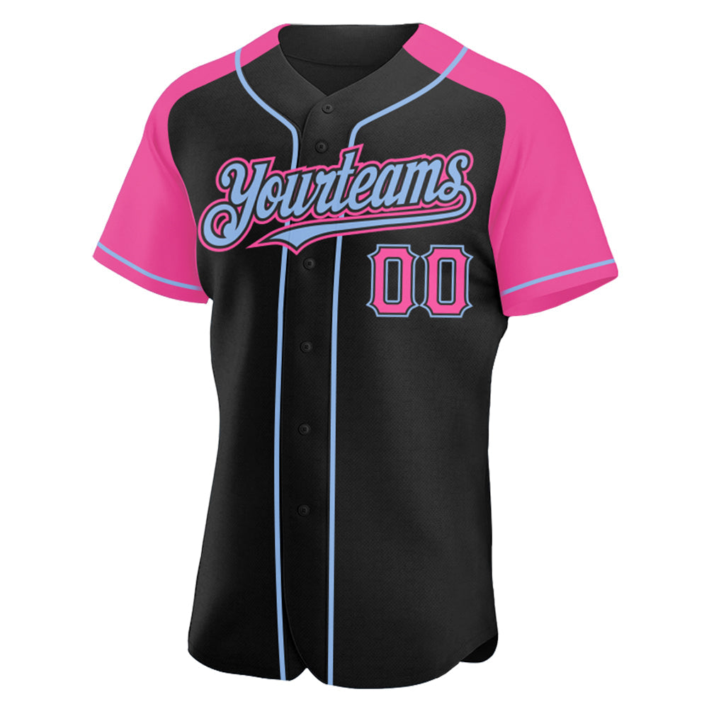Custom Black Pink-Light Blue Authentic Raglan Sleeves Baseball Jersey view 2