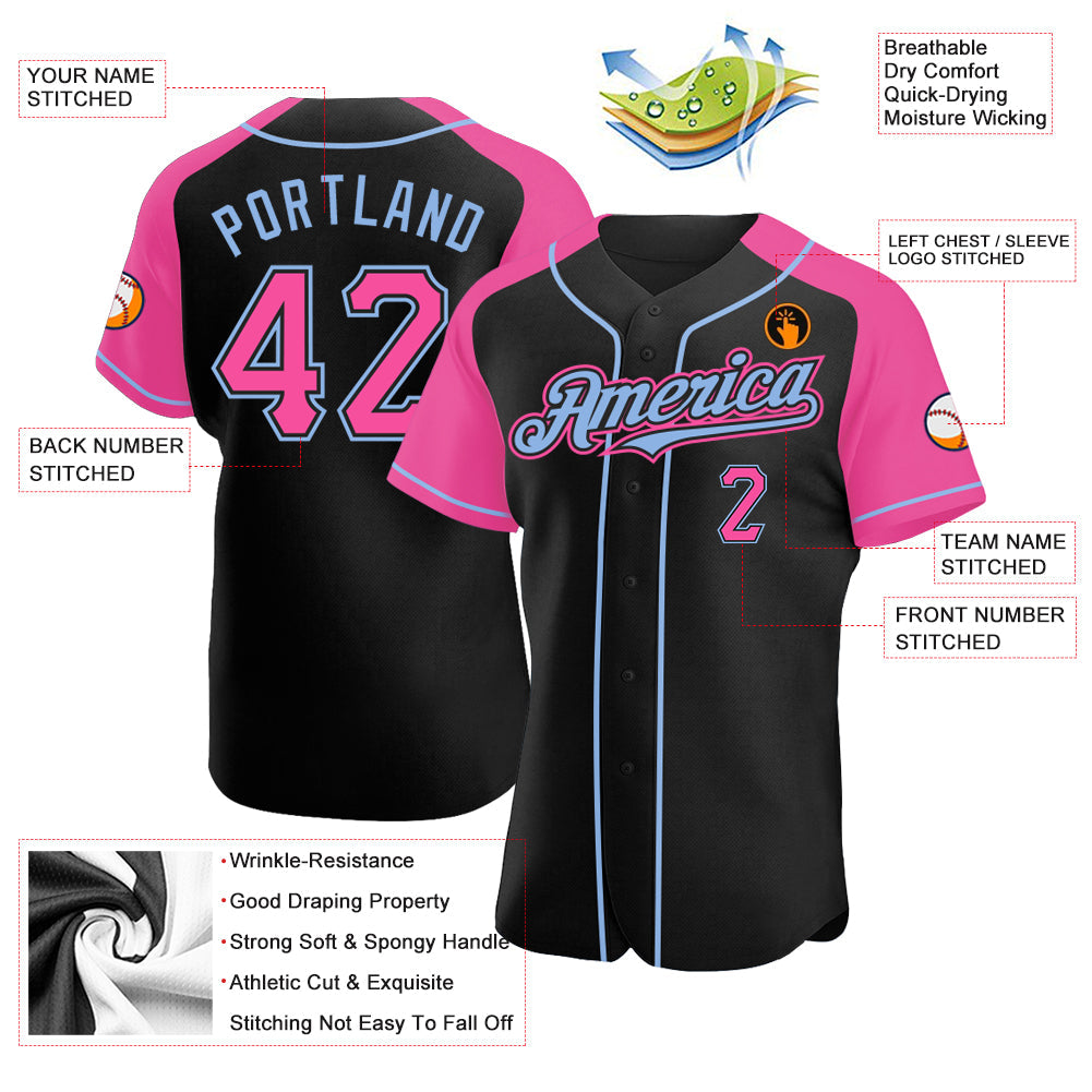 Custom Black Pink-Light Blue Authentic Raglan Sleeves Baseball Jersey view 3