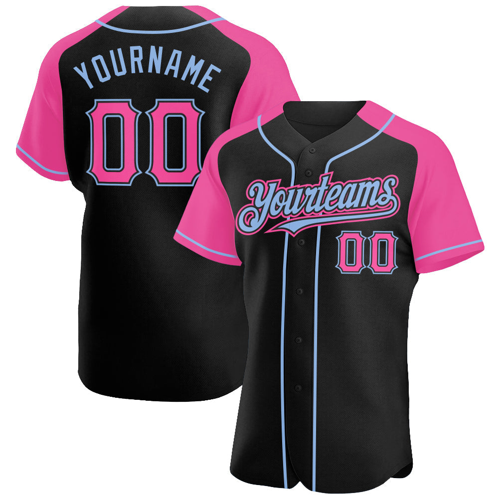 Custom Black Pink-Light Blue Authentic Raglan Sleeves Baseball Jersey - Main View