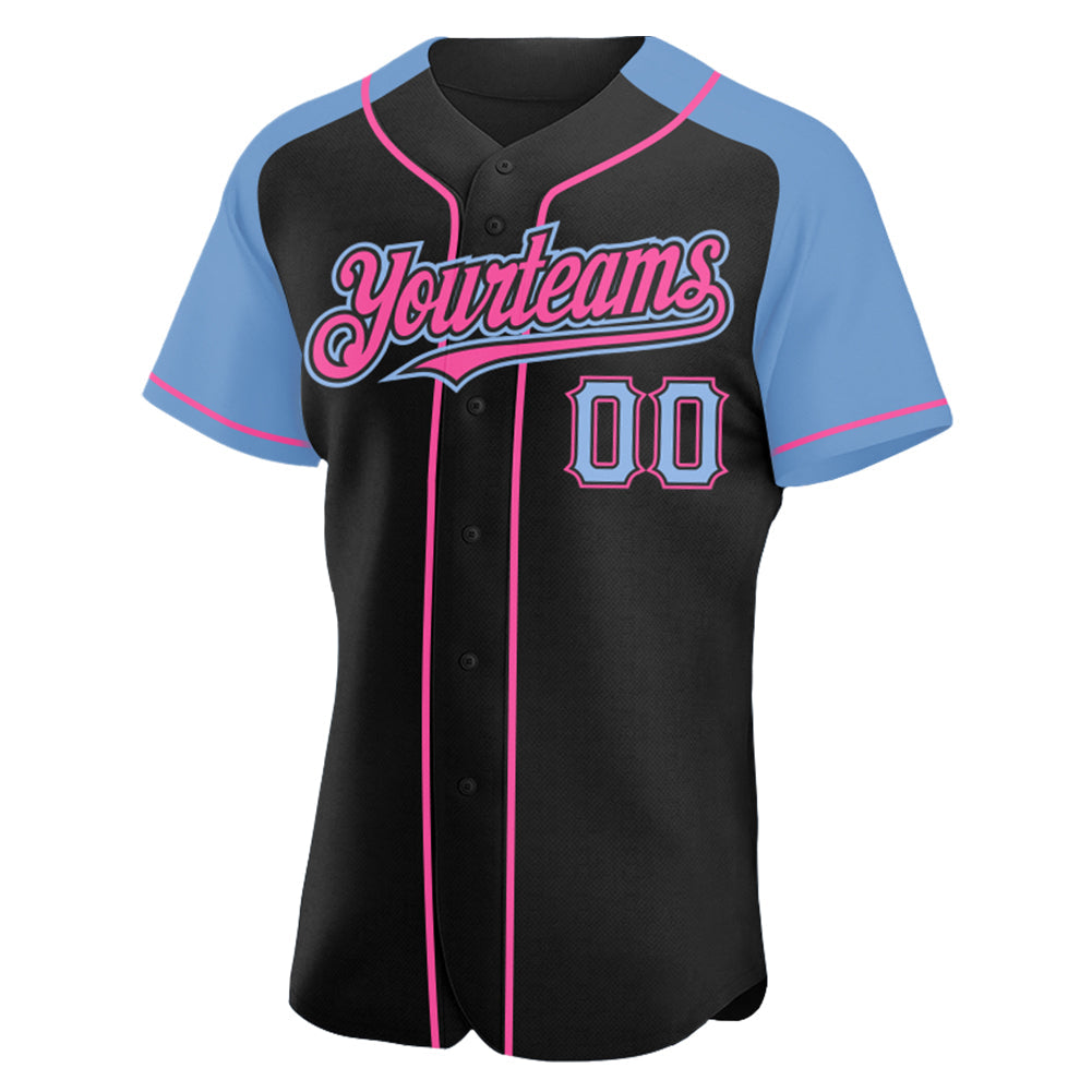 Custom Black Light Blue-Pink Authentic Raglan Sleeves Baseball Jersey view 2