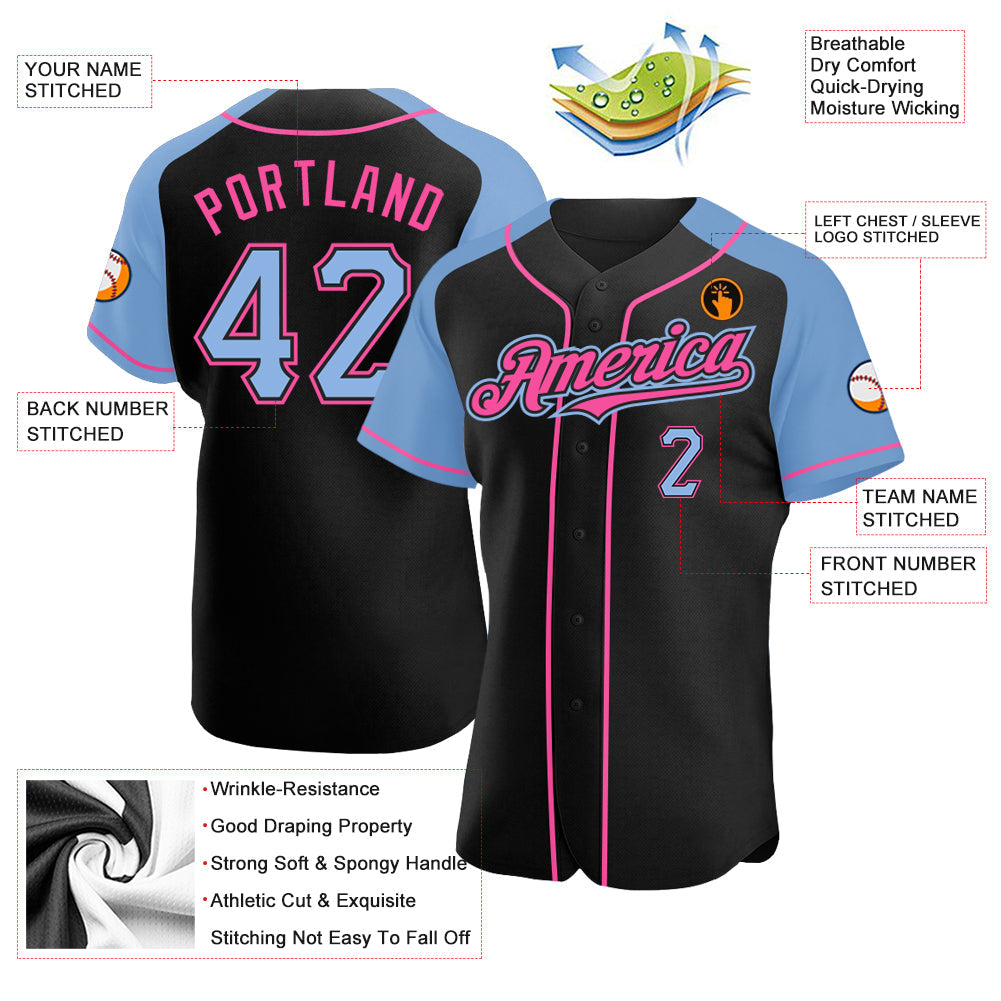 Custom Black Light Blue-Pink Authentic Raglan Sleeves Baseball Jersey view 3