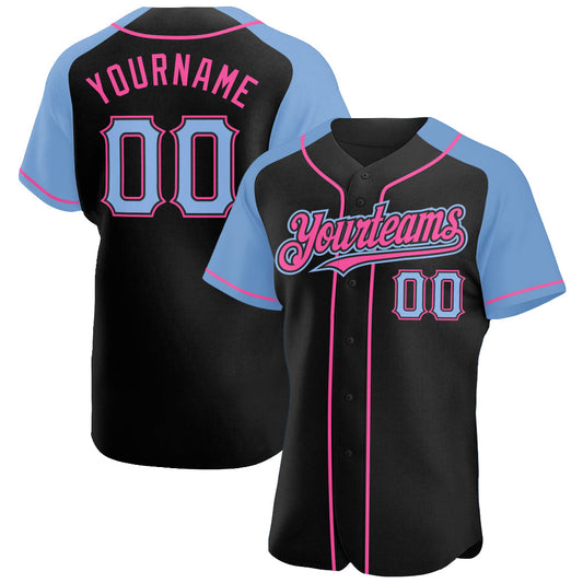 Custom Black Light Blue-Pink Authentic Raglan Sleeves Baseball Jersey - Main View