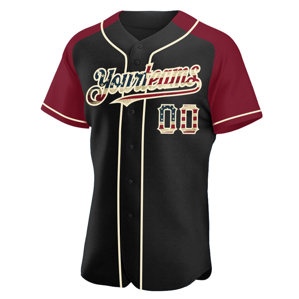 Custom Black Vintage USA Flag Crimson-Cream Authentic Raglan Sleeves Baseball Jersey view 2
