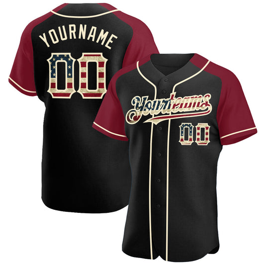 Custom Black Vintage USA Flag Crimson-Cream Authentic Raglan Sleeves Baseball Jersey - Main View
