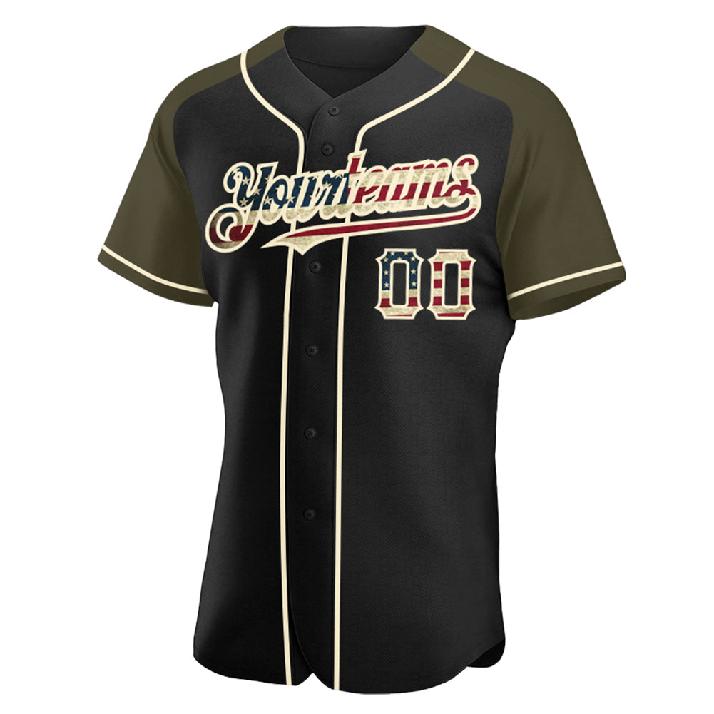 Custom Black Vintage USA Flag Olive-Cream Authentic Raglan Sleeves Baseball Jersey view 2