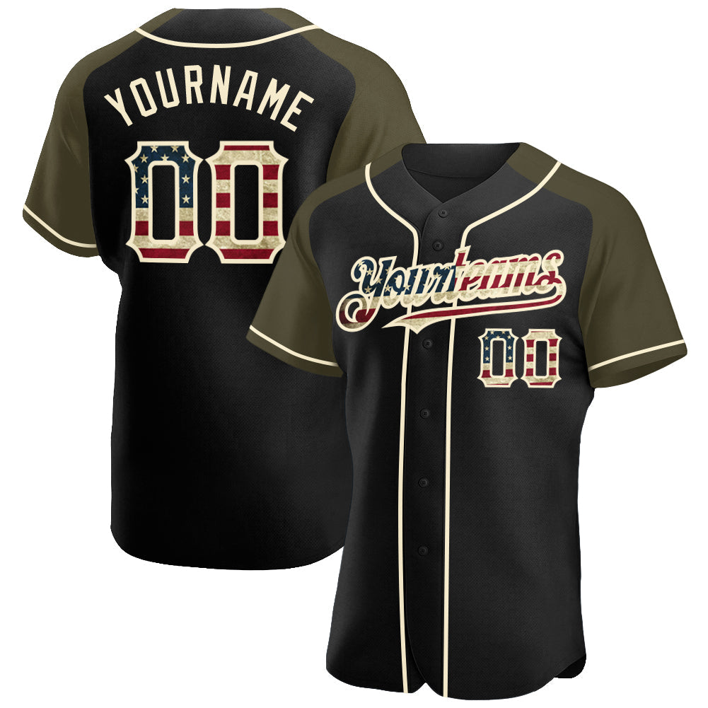 Custom Black Vintage USA Flag Olive-Cream Authentic Raglan Sleeves Baseball Jersey - Main View