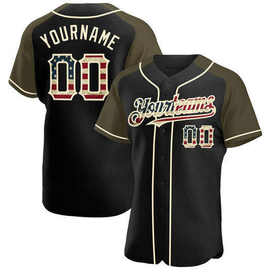 Custom Black Vintage USA Flag Olive-Cream Authentic Raglan Sleeves Baseball Jersey - Main View