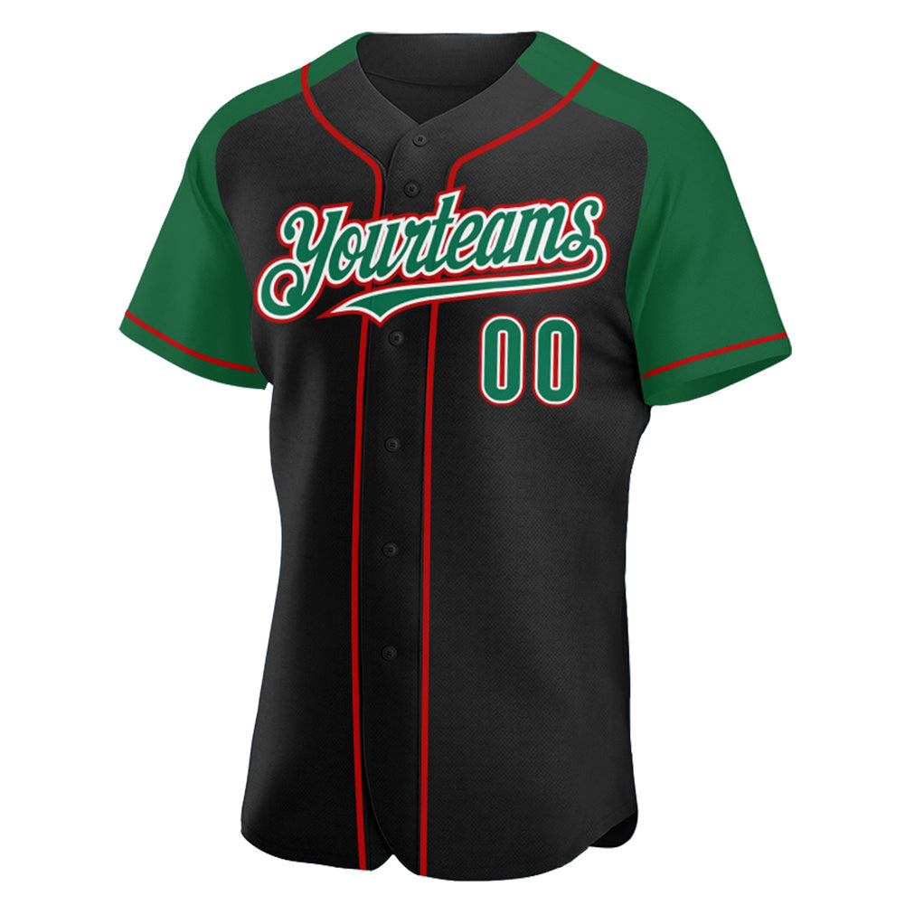 Custom Black Kelly Green-Red Authentic Raglan Sleeves Baseball Jersey view 2