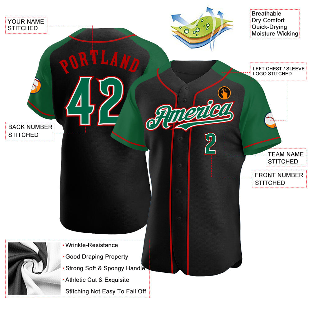 Custom Black Kelly Green-Red Authentic Raglan Sleeves Baseball Jersey view 3