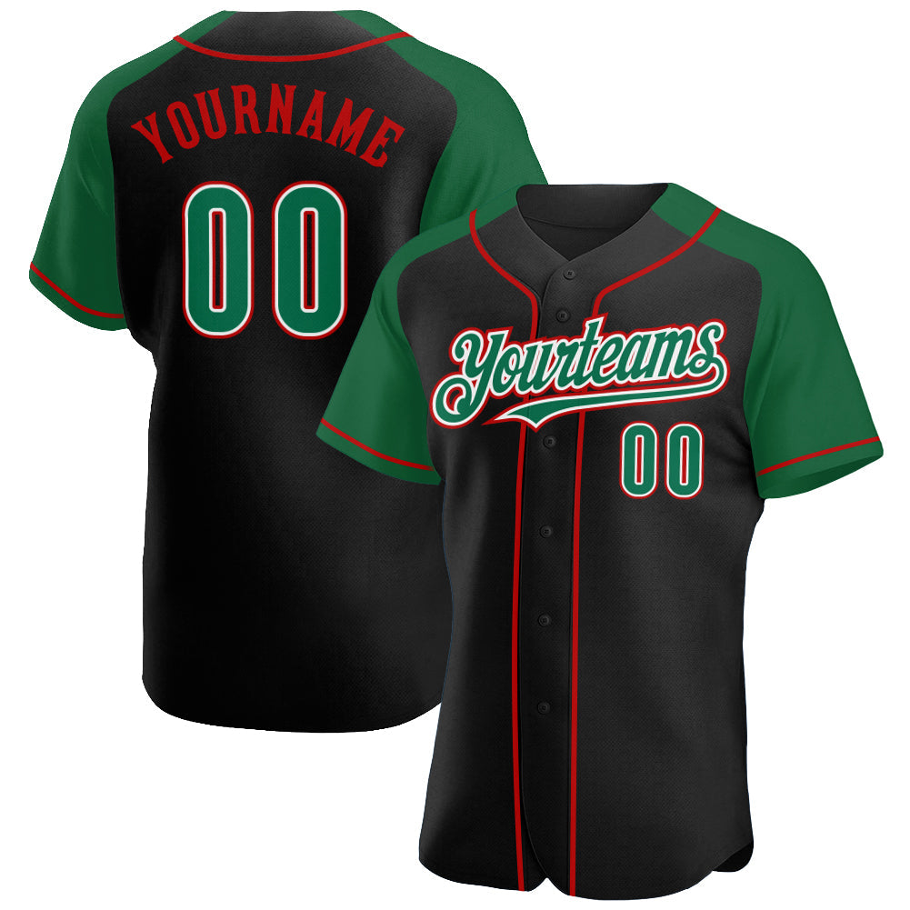 Custom Black Kelly Green-Red Authentic Raglan Sleeves Baseball Jersey - Main View