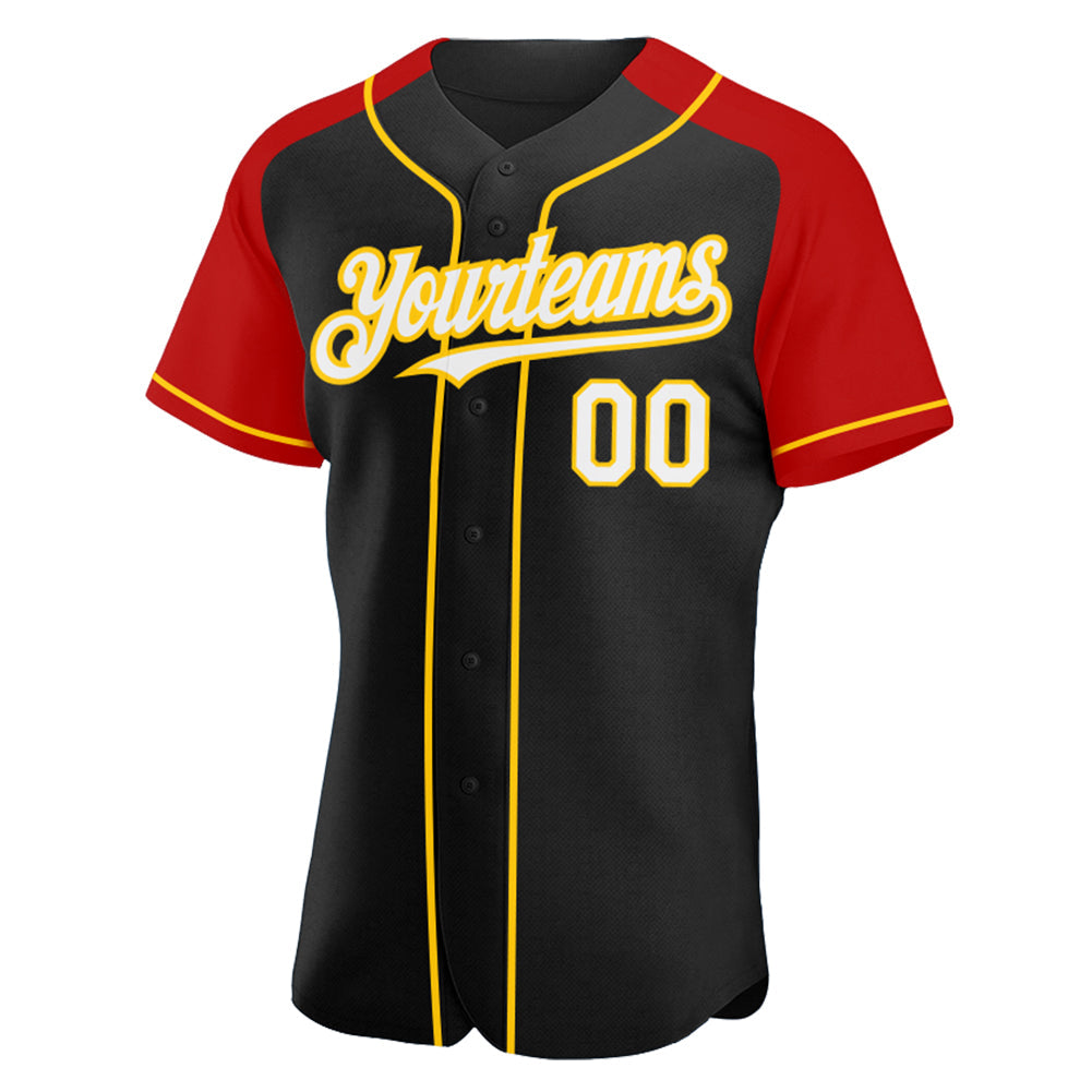 Custom Black White Red-Yellow Authentic Raglan Sleeves Baseball Jersey view 2