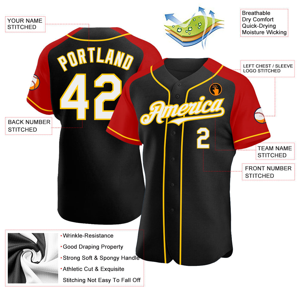 Custom Black White Red-Yellow Authentic Raglan Sleeves Baseball Jersey view 3