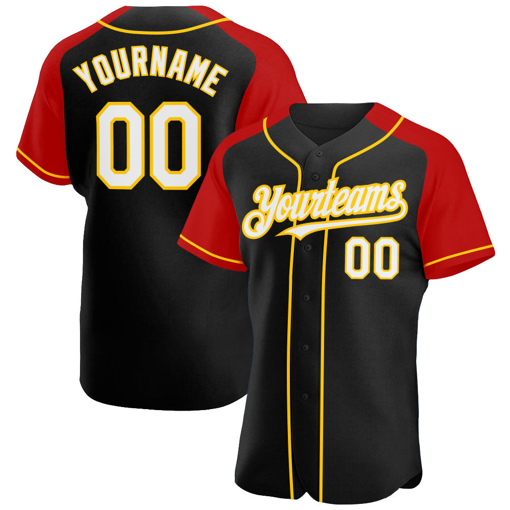 Custom Black White Red-Yellow Authentic Raglan Sleeves Baseball Jersey - Main View