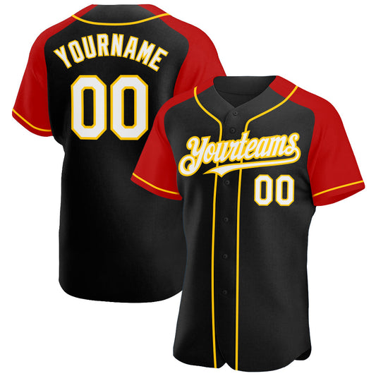 Custom Black White Red-Yellow Authentic Raglan Sleeves Baseball Jersey - Main View