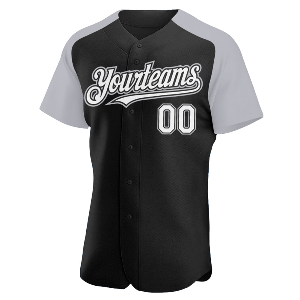 Custom Black White-Gray Authentic Raglan Sleeves Baseball Jersey view 2