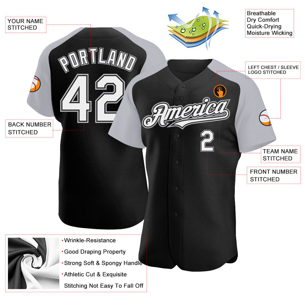 Custom Black White-Gray Authentic Raglan Sleeves Baseball Jersey view 3