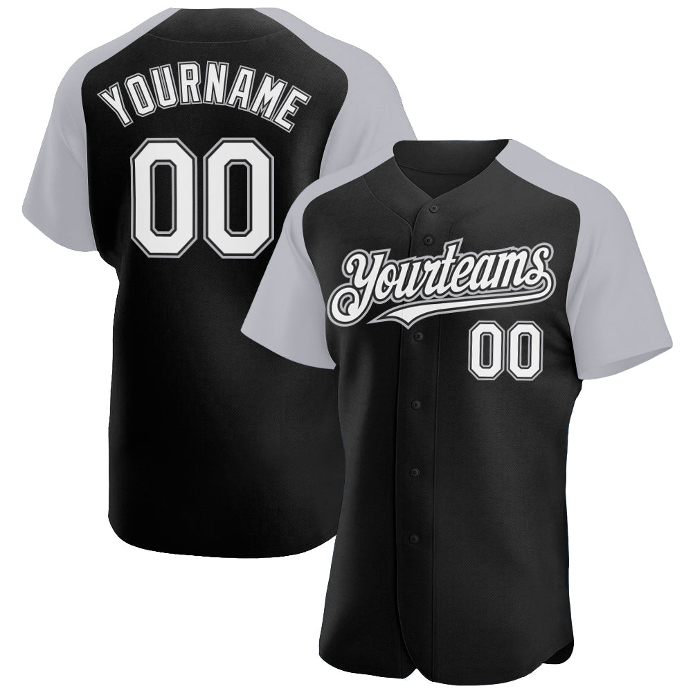 Custom Black White-Gray Authentic Raglan Sleeves Baseball Jersey - Main View