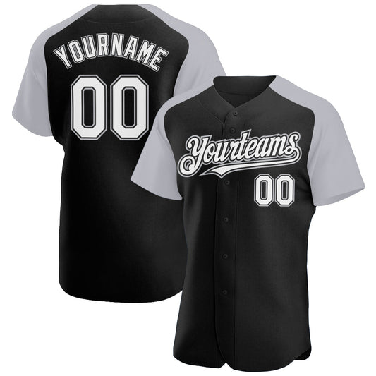 Custom Black White-Gray Authentic Raglan Sleeves Baseball Jersey - Main View