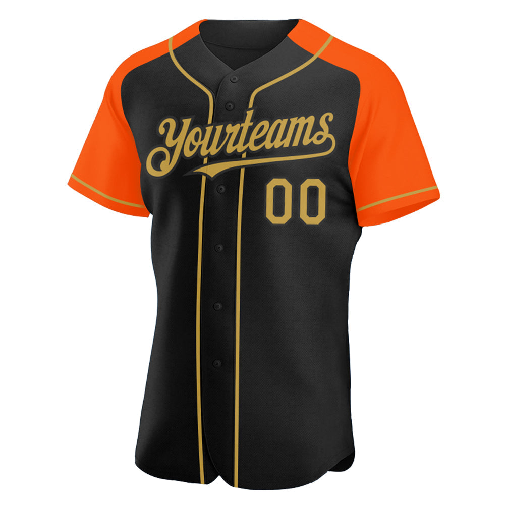 Custom Black Old Gold-Orange Authentic Raglan Sleeves Baseball Jersey view 2