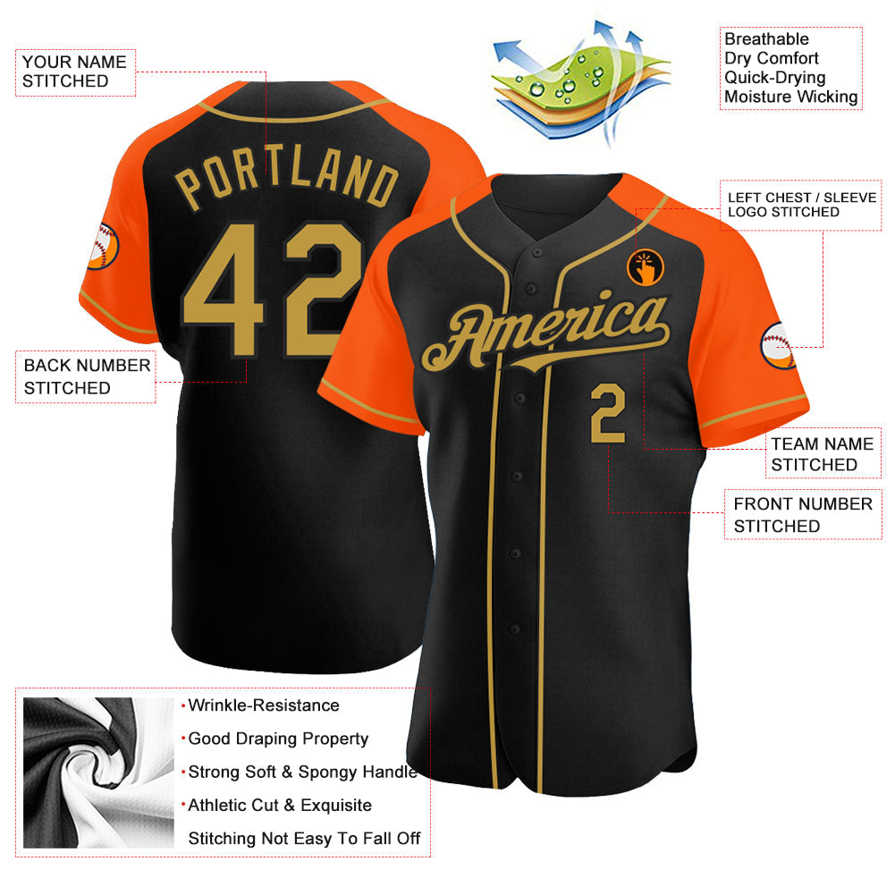 Custom Black Old Gold-Orange Authentic Raglan Sleeves Baseball Jersey view 3