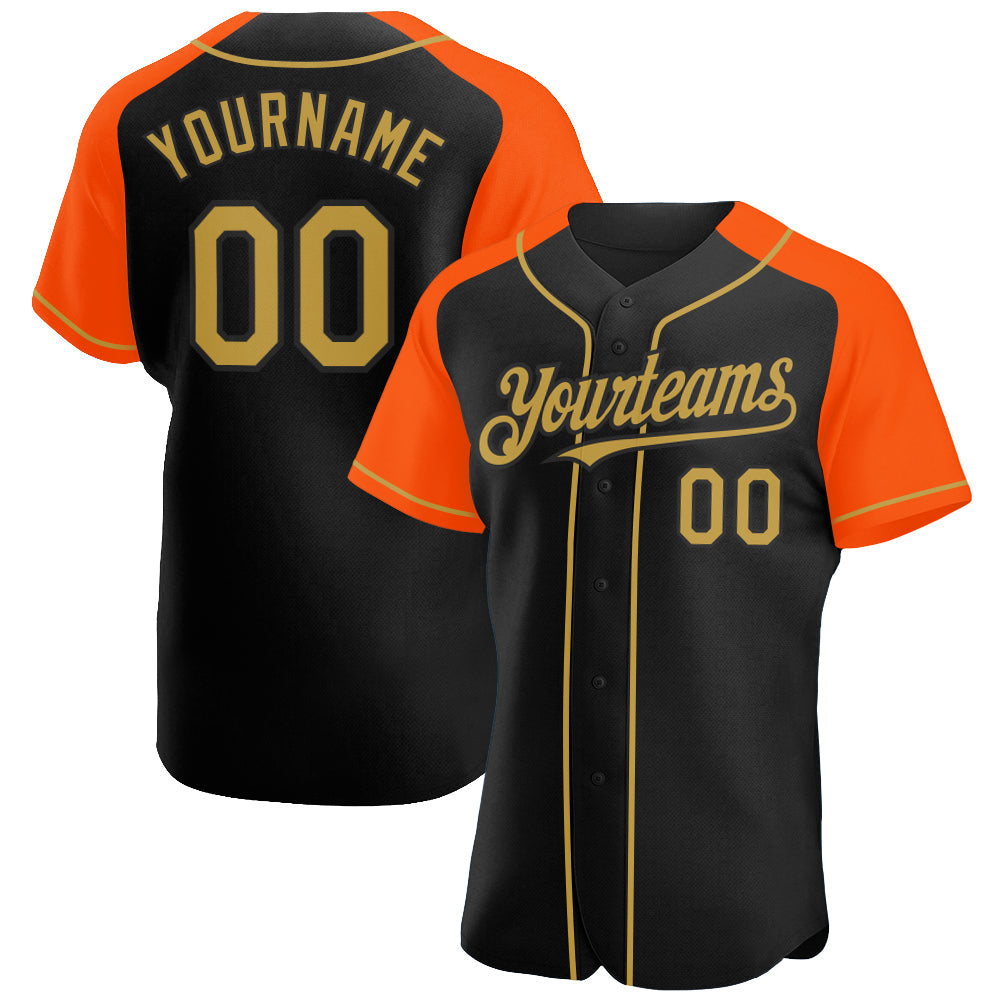 Custom Black Old Gold-Orange Authentic Raglan Sleeves Baseball Jersey - Main View