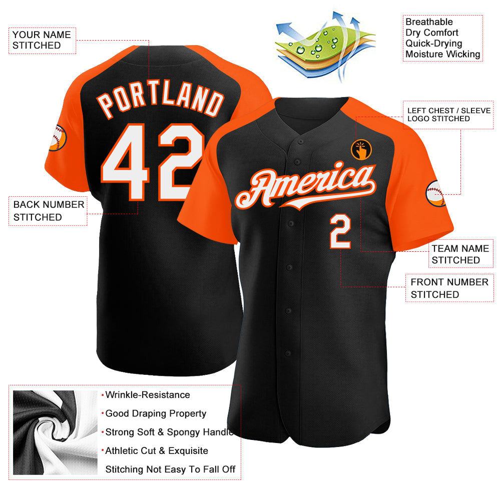 Custom Black White-Orange Authentic Raglan Sleeves Baseball Jersey view 3