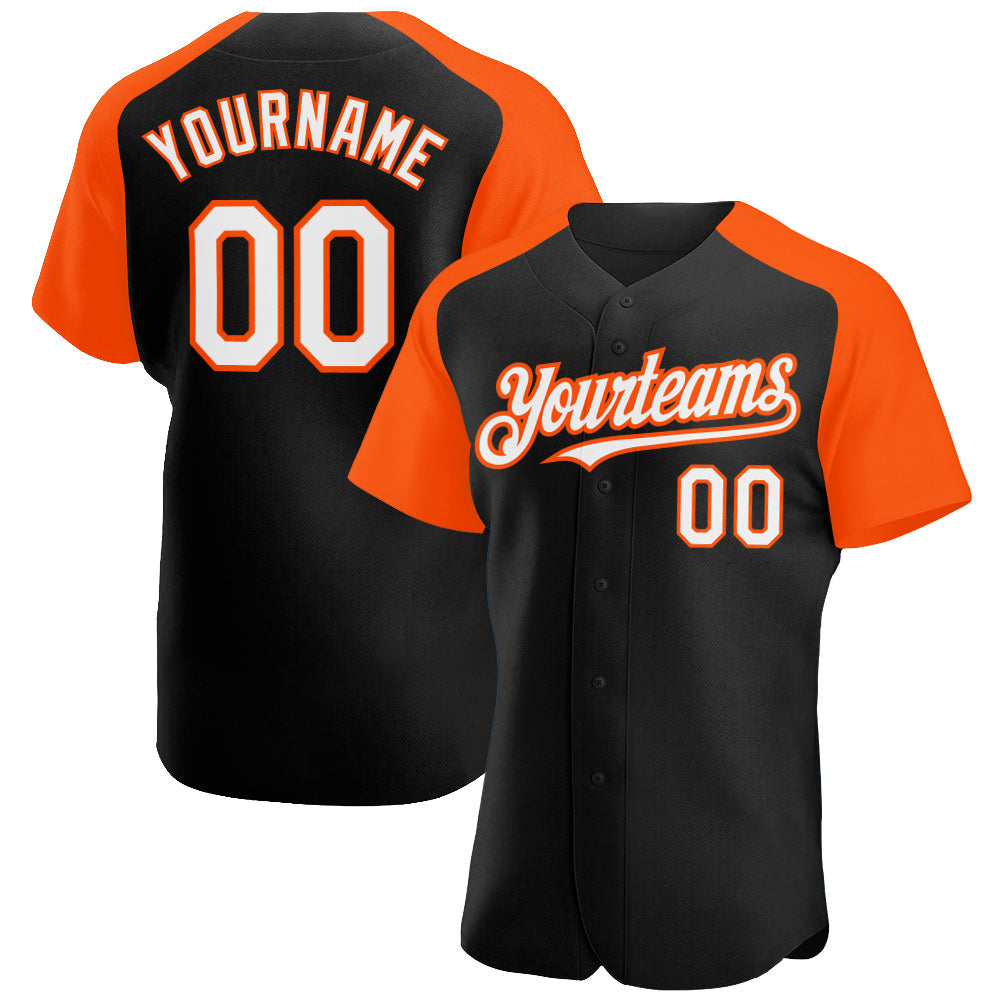 Custom Black White-Orange Authentic Raglan Sleeves Baseball Jersey - Main View
