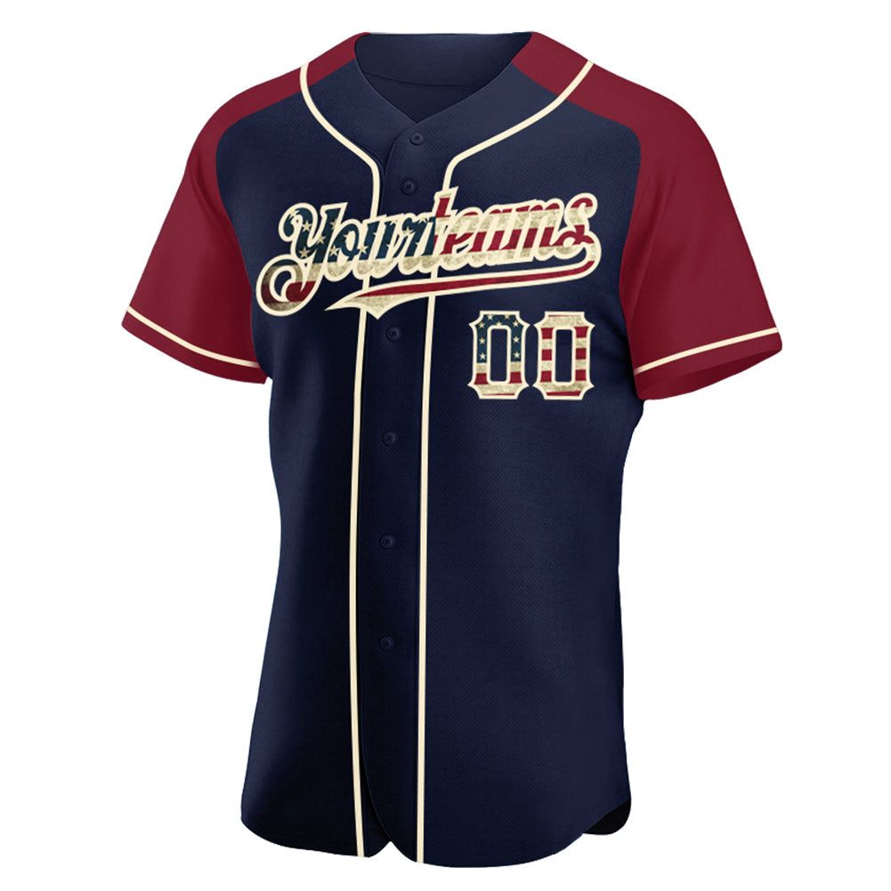 Custom Navy Vintage USA Flag Crimson-Cream Authentic Raglan Sleeves Baseball Jersey view 2