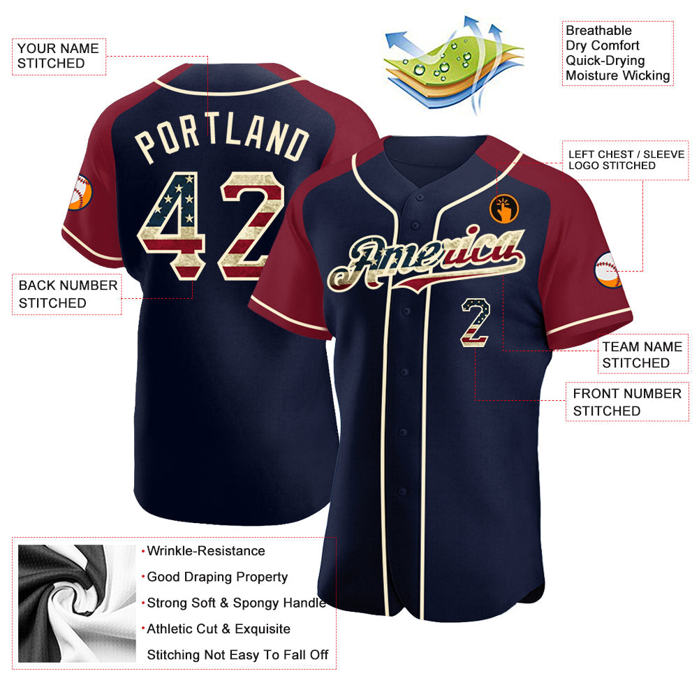 Custom Navy Vintage USA Flag Crimson-Cream Authentic Raglan Sleeves Baseball Jersey view 3