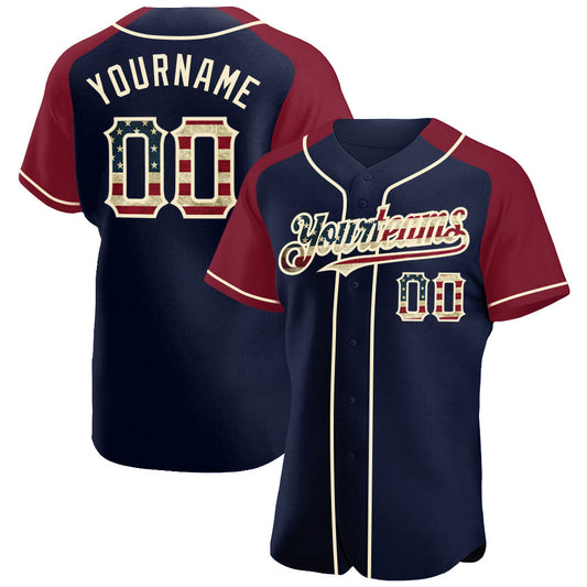 Custom Navy Vintage USA Flag Crimson-Cream Authentic Raglan Sleeves Baseball Jersey - Main View