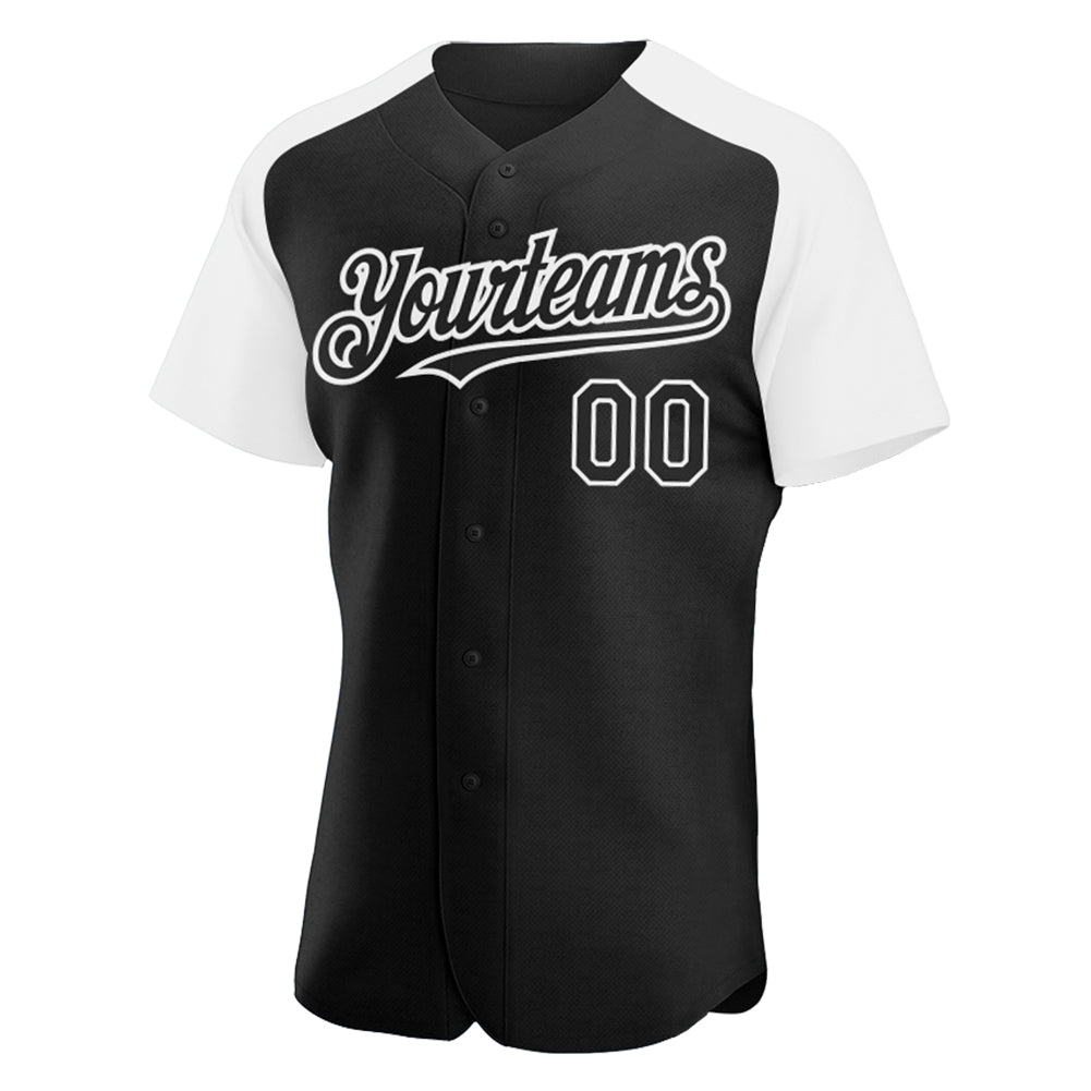 Custom Black White Authentic Raglan Sleeves Baseball Jersey view 2