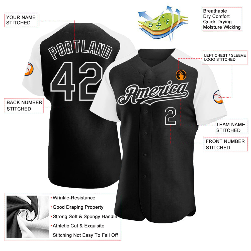 Custom Black White Authentic Raglan Sleeves Baseball Jersey view 3