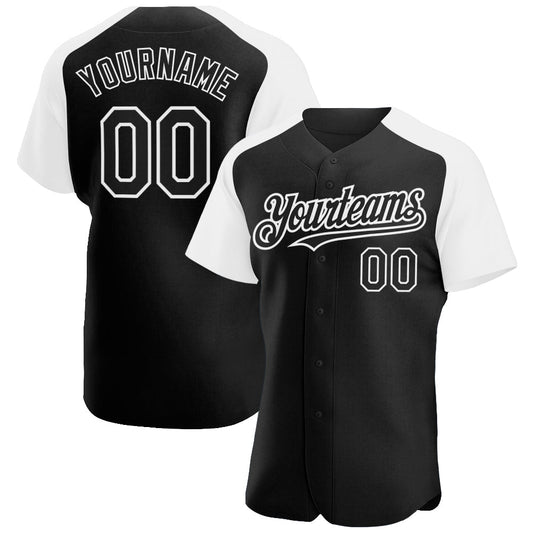 Custom Black White Authentic Raglan Sleeves Baseball Jersey - Main View
