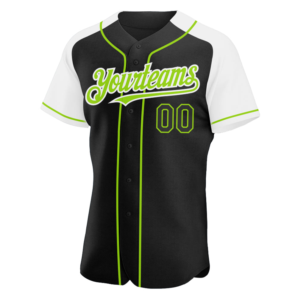 Custom Black White-Neon Green Authentic Raglan Sleeves Baseball Jersey view 2