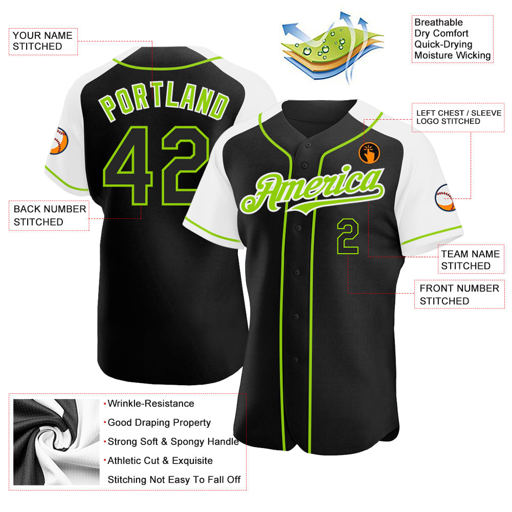 Custom Black White-Neon Green Authentic Raglan Sleeves Baseball Jersey view 3