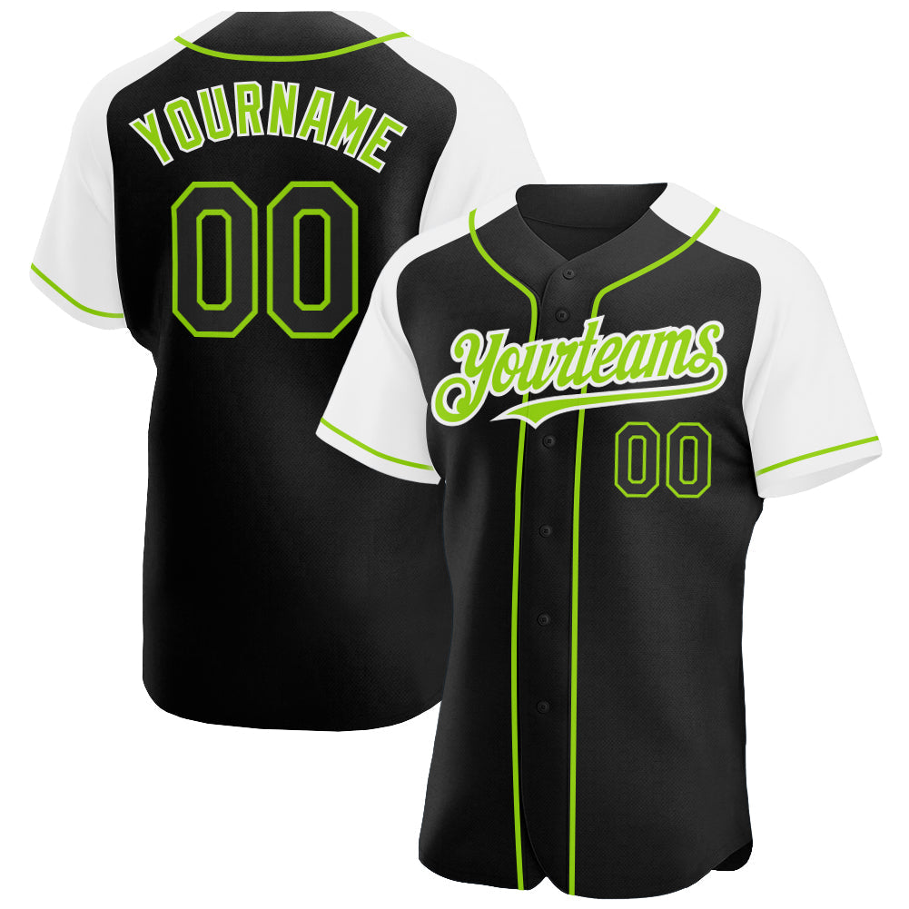 Custom Black White-Neon Green Authentic Raglan Sleeves Baseball Jersey - Main View