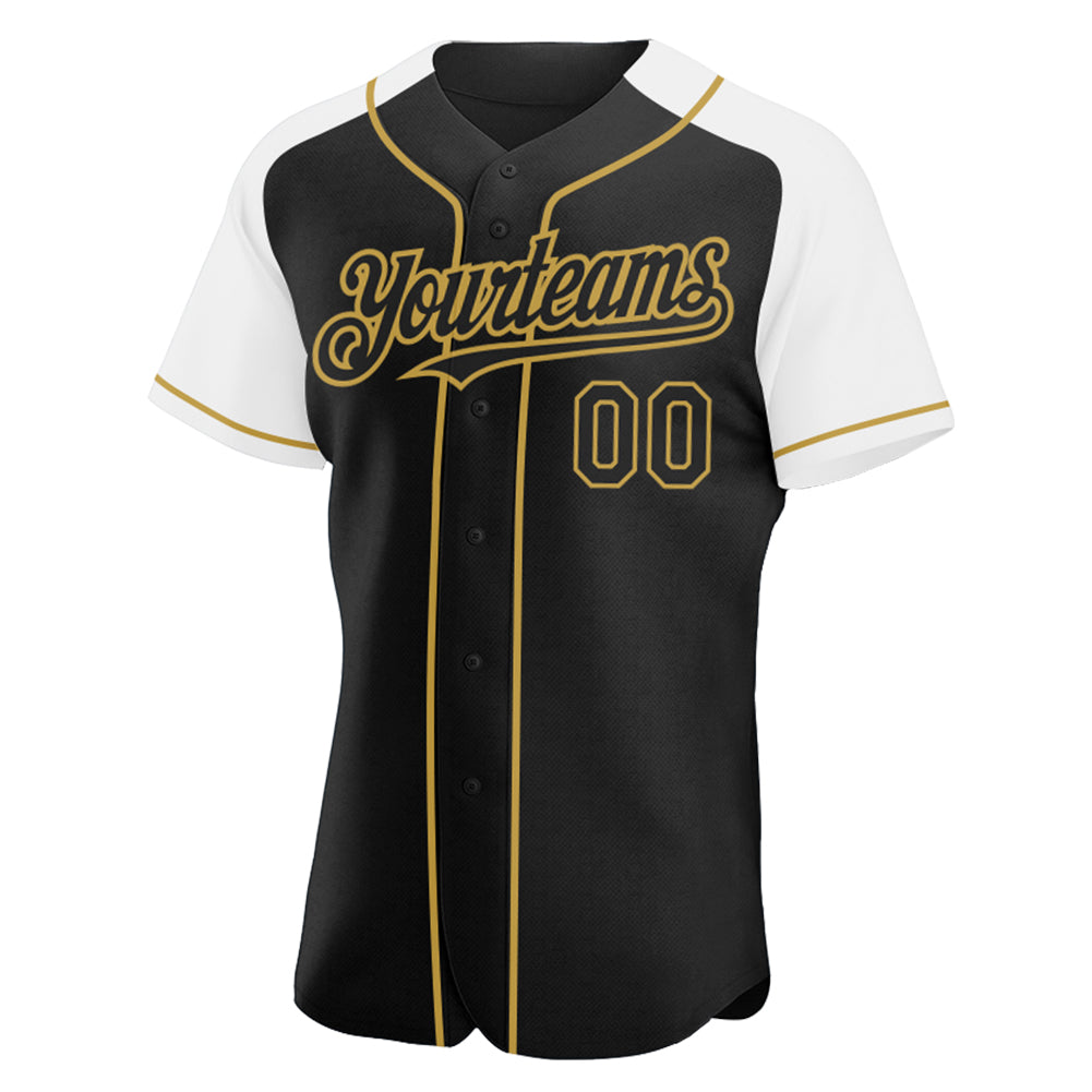Custom Black White-Old Gold Authentic Raglan Sleeves Baseball Jersey view 2