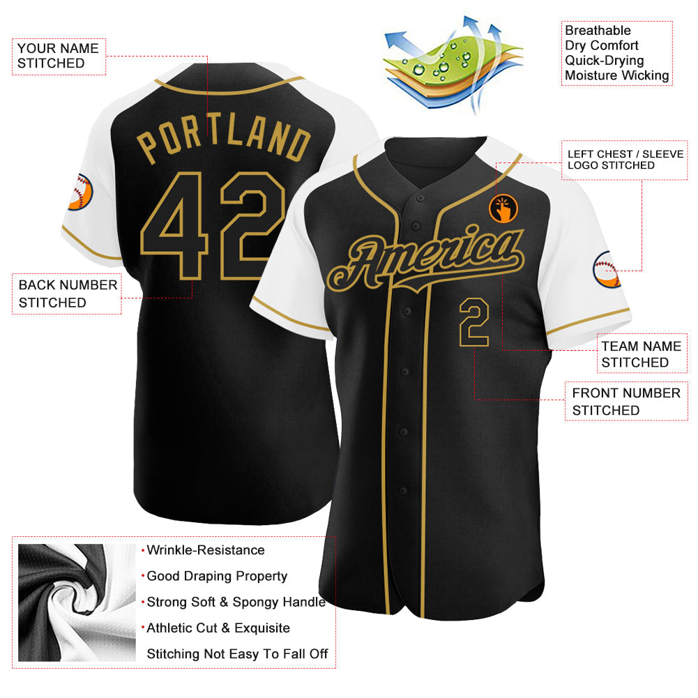 Custom Black White-Old Gold Authentic Raglan Sleeves Baseball Jersey view 3