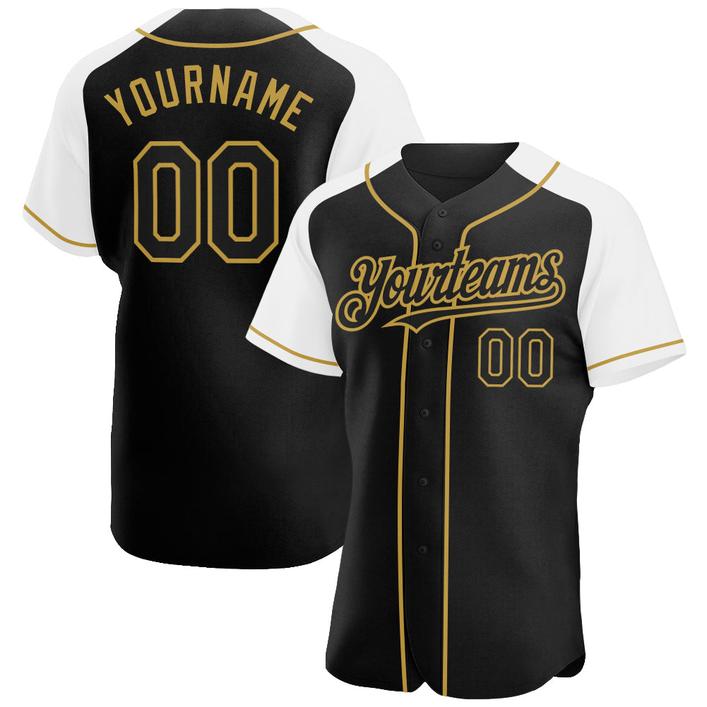 Custom Black White-Old Gold Authentic Raglan Sleeves Baseball Jersey - Main View