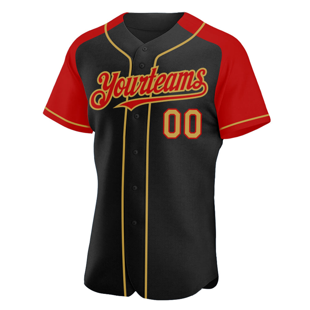 Custom Black Old Gold-Red Authentic Raglan Sleeves Baseball Jersey view 2