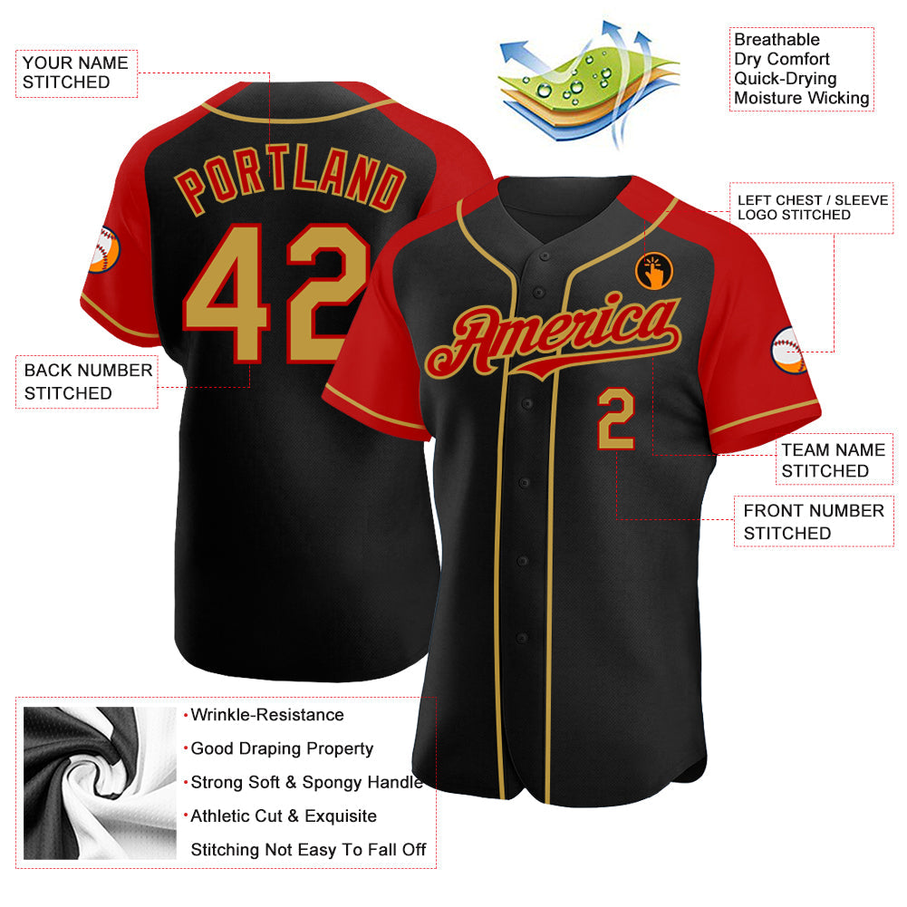 Custom Black Old Gold-Red Authentic Raglan Sleeves Baseball Jersey view 3