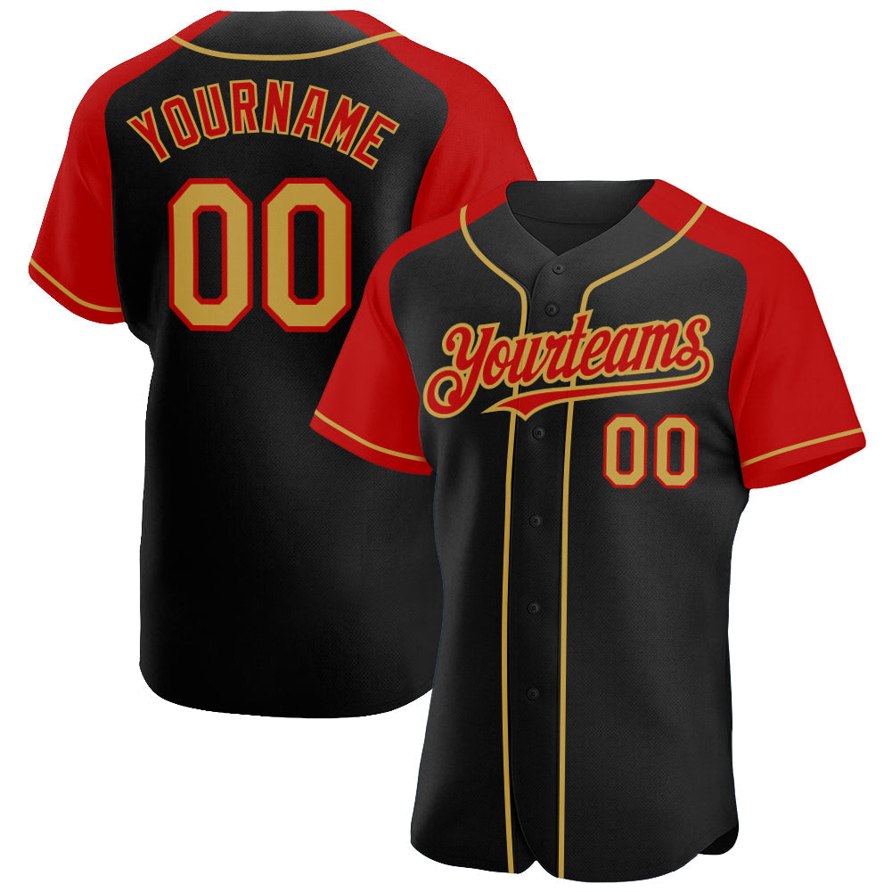 Custom Black Old Gold-Red Authentic Raglan Sleeves Baseball Jersey - Main View
